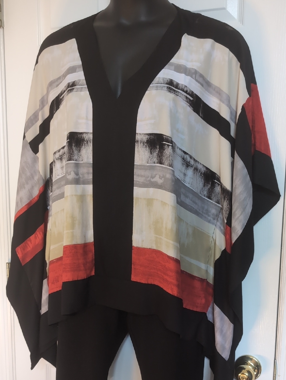 Chico's Black and Cream Striped V-Neck Blouse